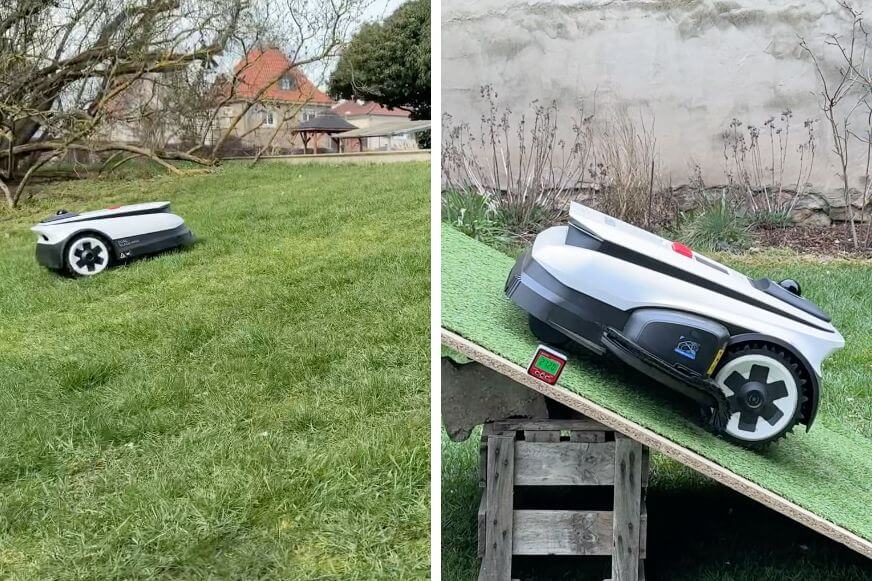 ECOVACS GOAT A1600 LiDAR PRO Mähroboter mäht eine Hangböschung im Garten